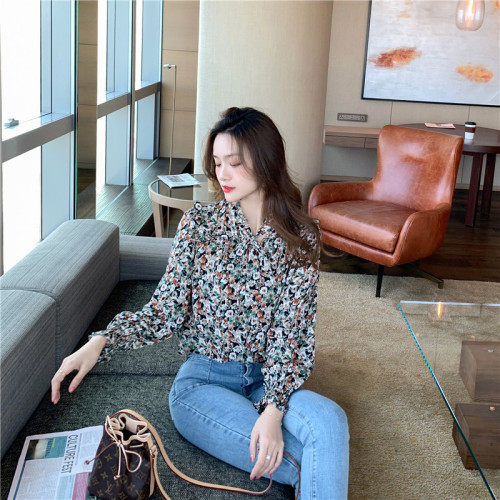 2021早秋装新款碎花衬衫女设计感小众系带上衣立领长袖雪纺衫，女装蕾丝衫/雪纺衫，潮品会