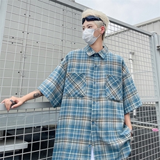 格子衬衫男士韩版潮流短袖痞帅文艺2024夏季新款ins外套CY773-P32，男装衬衫，星座412-2