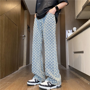 夏季新款美式高街提花满印直筒拖地牛仔裤B315-K24159-p60控78图片