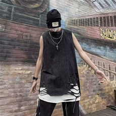 夏季水洗复古纯棉背心男下摆破洞外穿高街潮牌嘻哈hiphop无袖T恤，男装T恤，星座813-2