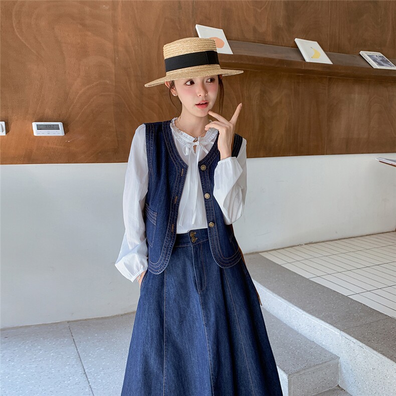 牛仔套装裙女春季2025新款宽松马甲衬衫半身裙三件套,女装套装/套裙,秀美人生