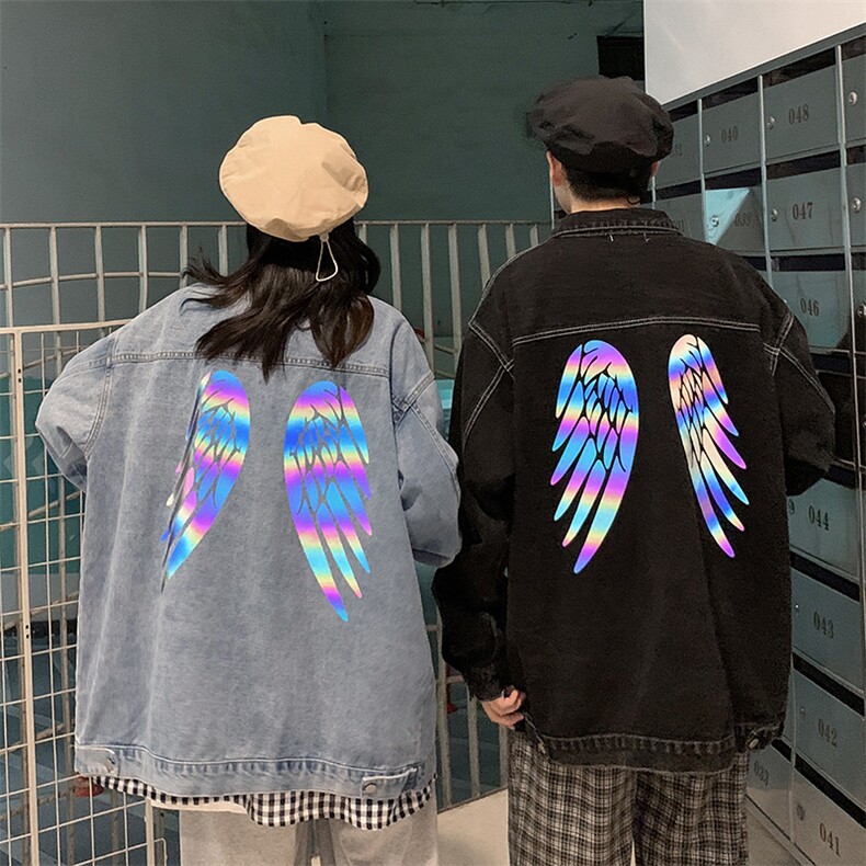 2021秋季新情侣港风夜景大码男反光炫彩翅膀印花牛仔外套NJ123P75,男装夹克,电商A001