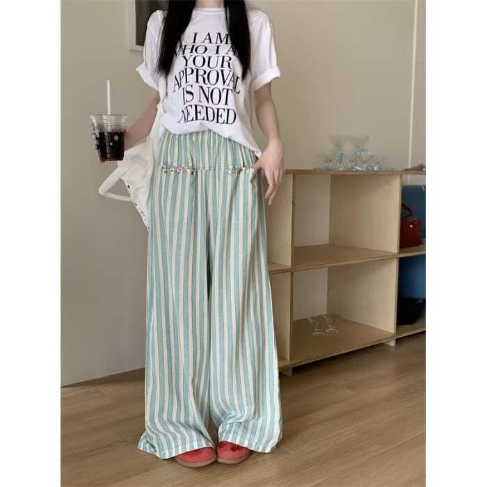 条纹裤女春秋夏季2025新款休闲宽松直筒小个子高腰垂感阔腿裤,男装休闲裤,星座1210-1