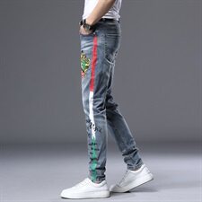 2021高端精品欧货韩版小脚手绘浅蓝牛仔裤百搭长裤A9867，男装牛仔裤，星座304A