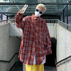 高街格子衬衫男女小众设计宽松休闲外套情侣长袖上衣1282-P48，男装衬衫，星座910-5