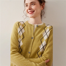 拼色菱形山羊绒针织开衫休闲减龄百搭毛衣外套2025秋冬圆领系扣灰，女装针织衫/毛衣，绒盛美羊绒