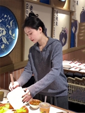 2025年新款简约连帽宽松针织套头上衣时尚百搭，女装针织衫/毛衣，兰叶羊绒