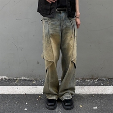 古可变裤形微喇叭牛仔裤美式男女垂感阔腿拖地裤A068-KXSK93-TP65，男装牛仔裤，电商A068