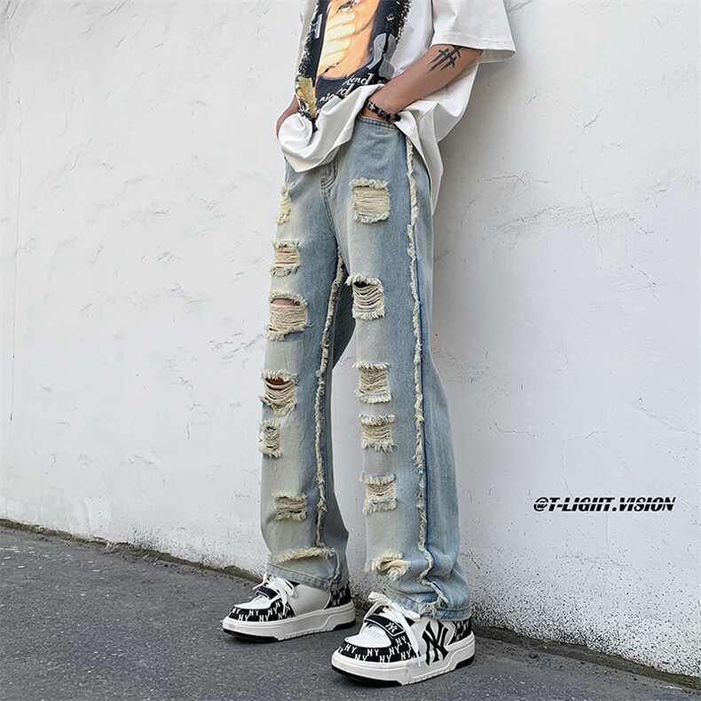 B221美式ins高街暗黑小众毛边破洞直筒牛仔裤LK23107-P65控88,男装牛仔裤,电商B221