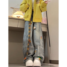 美式高街复古立体刺绣配腰带阔腿牛仔裤男女显瘦直筒弯刀拖地裤潮，男装牛仔裤，电商A486