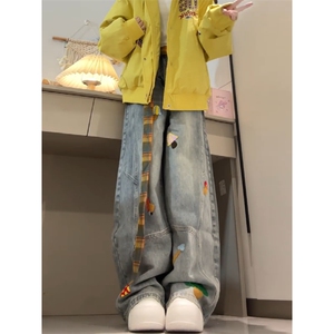 美式高街复古立体刺绣配腰带阔腿牛仔裤男女显瘦直筒弯刀拖地裤潮图片