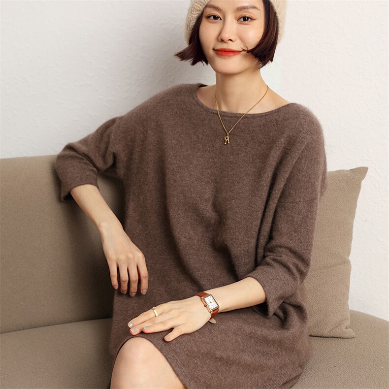 秋冬新款圆领套头侧开叉中长裙女山羊绒裙七分袖宽松毛衣裙,女装连衣裙,五色羊羊绒