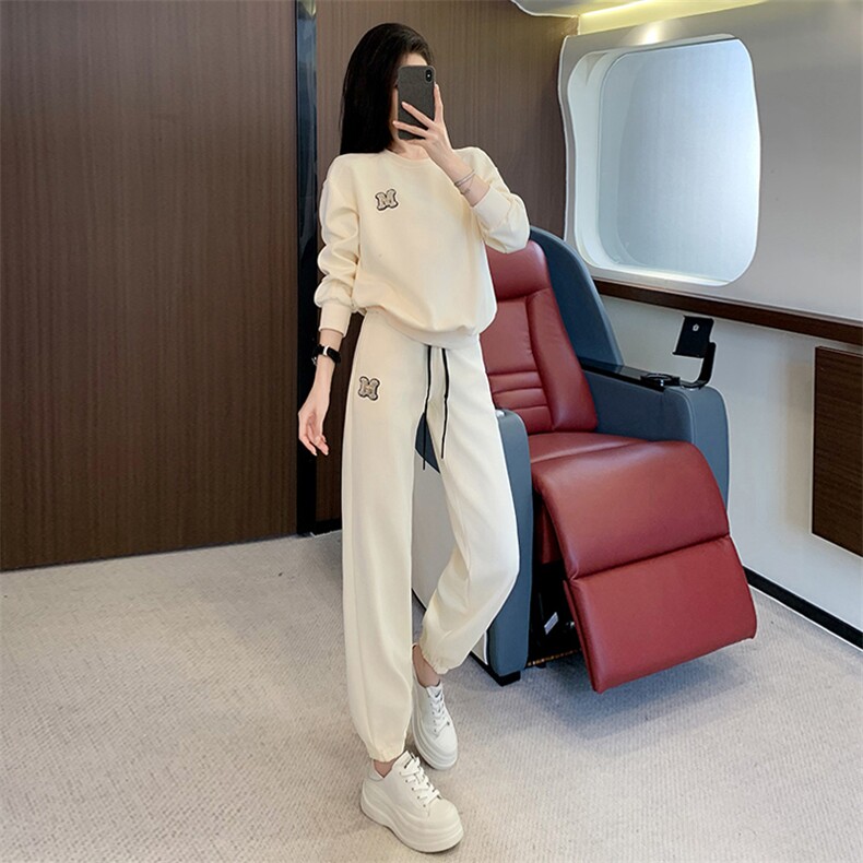 网红炸街洋气女春秋穿搭一整套高级感时尚显瘦韩版卫裤两件套圆领图片