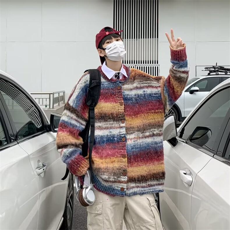 彩色条纹撞色开衫毛衣男女慵懒圆领宽松休闲情侣针织外套SW7310,男装针织衫/毛衣,星座516A
