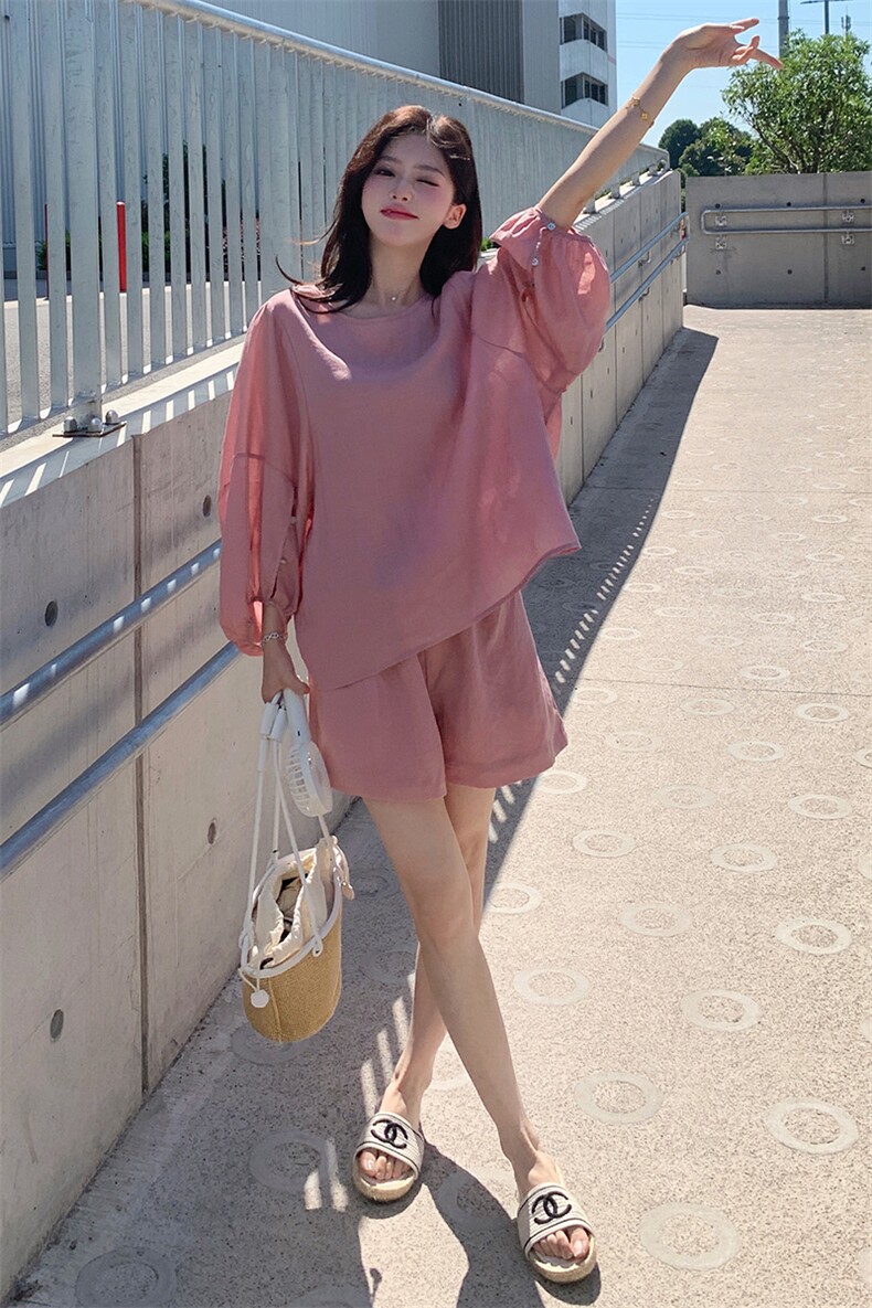粉色休闲减龄套装女夏季2025年新款小个子薄款圆领上衣短裤两件套,女装套装/套裙,2C292