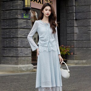 现货2026年春季新款女时尚气质优雅风通用蕾丝拼接两件套装连衣裙，女装套装/套裙，奋斗女王