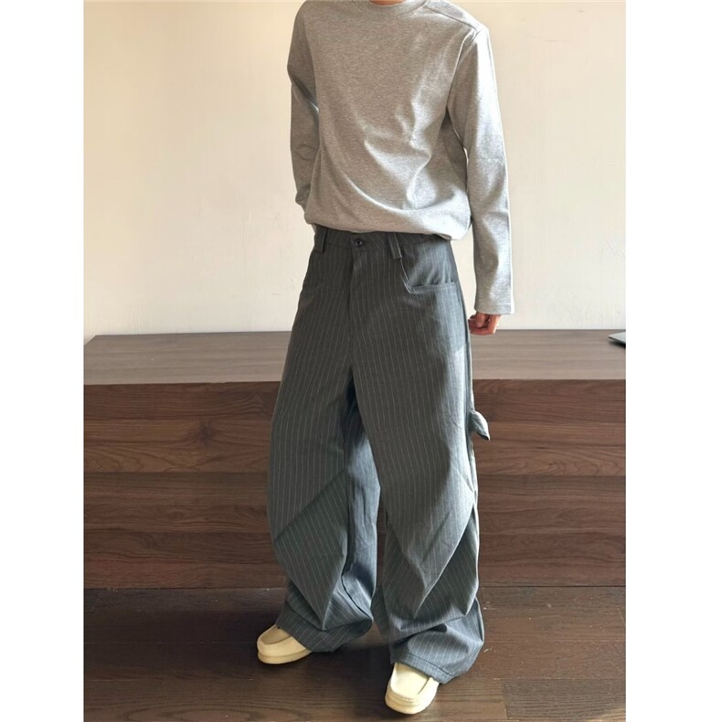 慵懒随性松弛条纹撞色低腰西装裤宽松阔腿显瘦直筒长裤,男装西服套装,星座506A