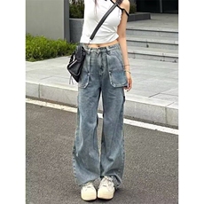 美式复古水洗工装牛仔裤女高街新款高腰宽松显瘦百搭直筒阔腿长裤，女装牛仔裤，星座506A