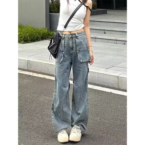 美式复古水洗工装牛仔裤女高街新款高腰宽松显瘦百搭直筒阔腿长裤图片