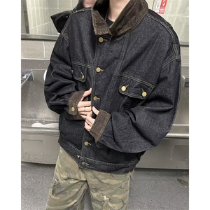 美式复古水洗小众牛仔衣男春秋新款潮牌宽松休闲撞色翻领夹克外套图片
