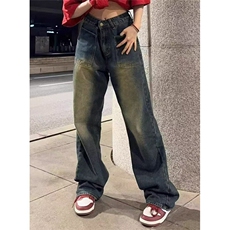高街vibe风深蓝黄泥色水洗做旧直筒牛仔裤女宽松裤子NA1038，男装牛仔裤，星座1116A（原606A-3）