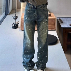 扎染泼墨牛仔裤男女美式高街复古微喇显瘦宽松阔腿裤LN60844-P53，男装牛仔裤，星座1008