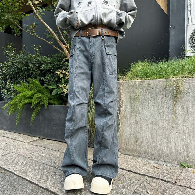 611-3 BK0038 特价P60 美式褶皱微喇叭工装裤男女1宽松休闲裤子图片