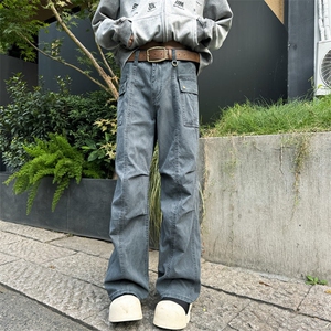 611-3 BK0038 特价P60 美式褶皱微喇叭工装裤男女1宽松休闲裤子图片