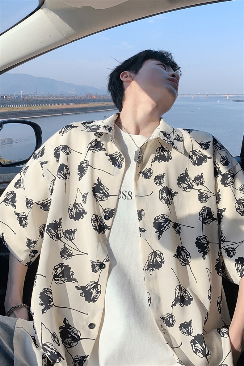 特批P25无差价夏季潮流翻领冰丝凉感宽松五分短袖花衬衫男CD5479,男装衬衫,电商A001