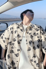 特批P25无差价夏季潮流翻领冰丝凉感宽松五分短袖花衬衫男CD5479，男装衬衫，电商A001