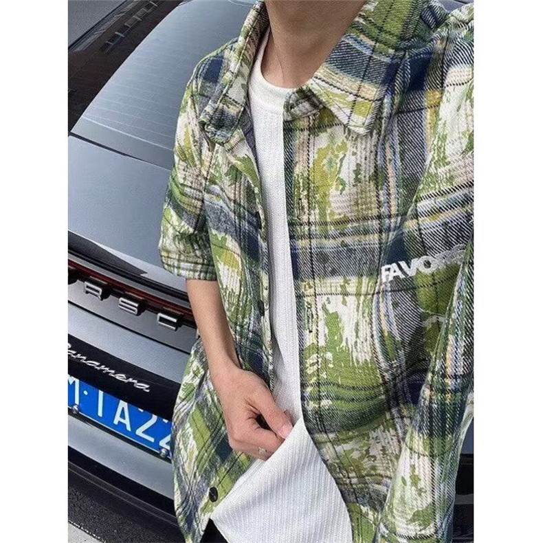 扎染短袖格子衬衫男夏季高街设计感衬衣vintage防嗮外套 CY97图片