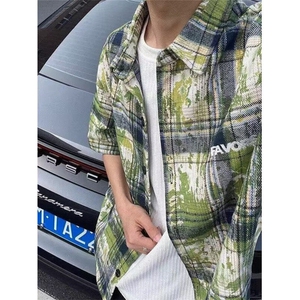 扎染短袖格子衬衫男夏季高街设计感衬衣vintage防嗮外套 CY97图片