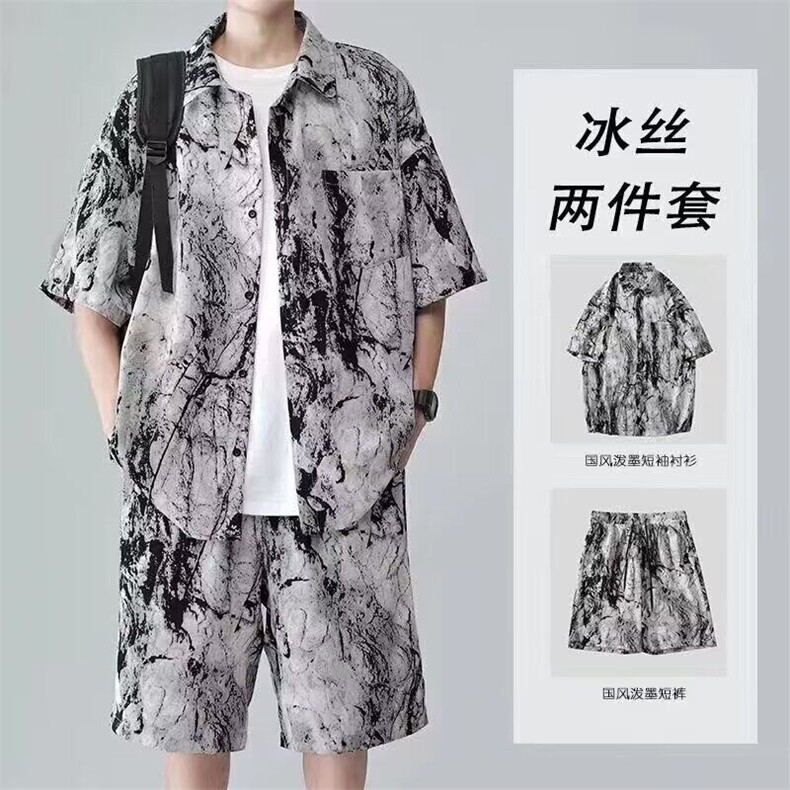 五分袖风泼墨大码衬衫短袖套装图片