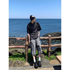 美式高街vibe破洞牛仔短裤男女hiphop宽松阔腿七分裤子L55533-P43，男装牛仔裤，星座1008