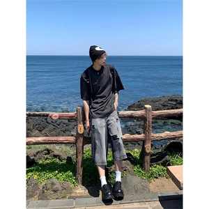 美式高街vibe破洞牛仔短裤男女hiphop宽松阔腿七分裤子L55533-P43图片
