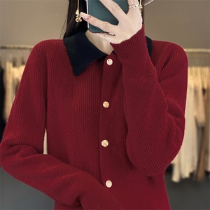 秋季法式娃娃领羊毛针织开衫女POLO领毛衣外套加厚上衣图片