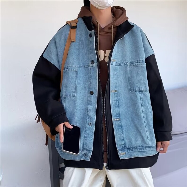 秋季牛仔外套男假两件港风ins潮流拼接毛呢夹克上衣W5210-P70,男装夹克,星座512-2