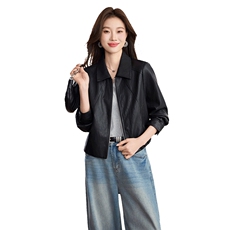 洋气减龄翻领皮衣外套女2026春秋新款宽松休闲小个子短款夹克上衣，女装皮衣，江南女神