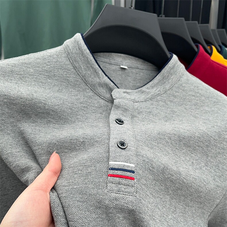 男士长袖T恤春秋季薄款中年宽松纯色爸爸装新款纯棉立领商务POLO，男装Polo衫，电商B212（原钱塘6029）
