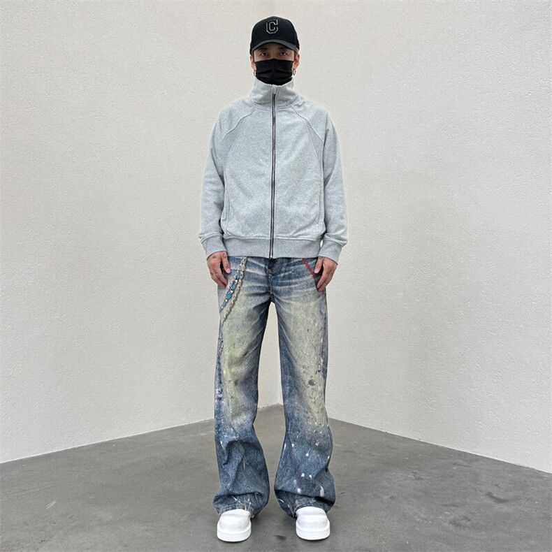 美式3D打印神牛cleanfit直筒宽松泼墨印花显高做旧牛仔图片