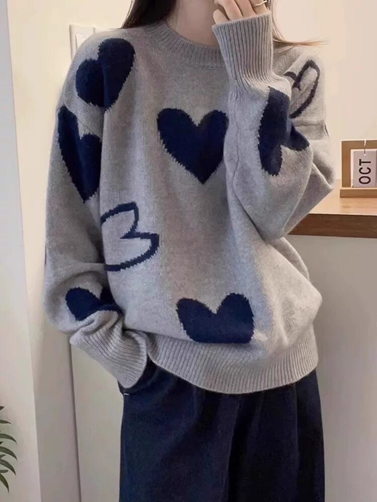 时尚百搭女士秋冬爱心提花羊毛衫羊毛宽松显瘦圆领毛衣,女装羊毛衫,朝辰羊绒