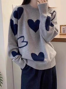 时尚百搭女士秋冬爱心提花羊毛衫羊毛宽松显瘦圆领毛衣图片