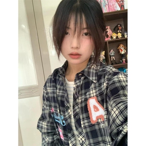 格子衬衫女春秋季美式设计感小众叠穿衬衣外套长袖上衣 C46图片