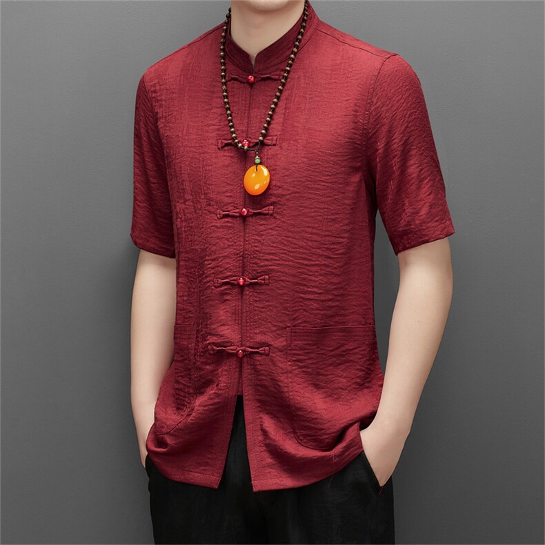 唐装男短袖T恤复古中年风亚麻衬衫短袖棉麻中华立领中山衬衣，男装民族服装，电商B212（原钱塘6029）