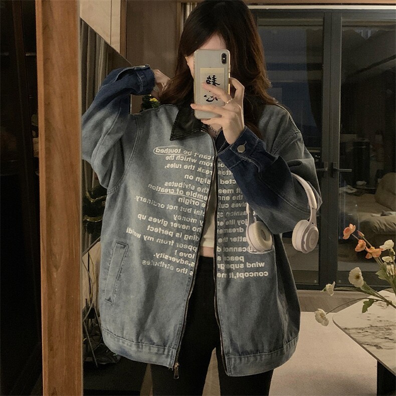 复古印花拼接牛仔外套女春秋2025新款设计侣宽松夹克上衣C748-88,男装夹克,星座911-2(原星座613-2）