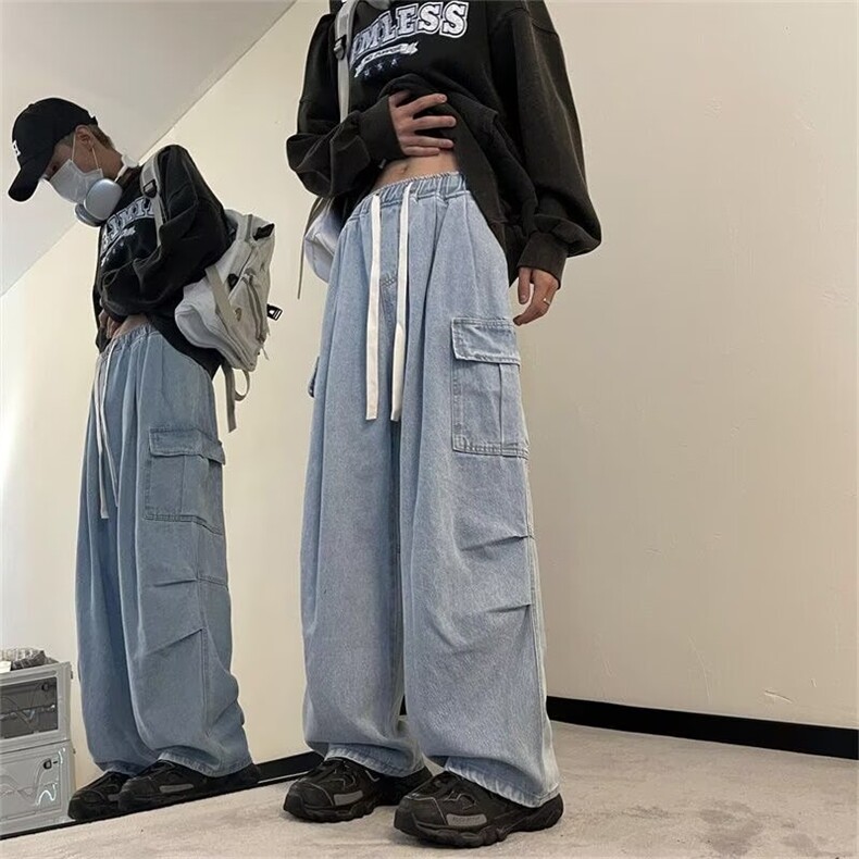 港风牛仔裤水洗美式阔腿休闲中性口袋潮流拖地男工装风G29/P48,男装牛仔裤,星座506
