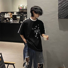 抖音得物高品质二开240克宽松纯棉美式潮牌三条杠织带短袖T恤，男装T恤，电商A486-1