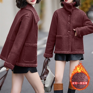 皮毛一体仿羊羔毛外套女短款2024新款秋冬季加绒机车服加厚皮夹克图片
