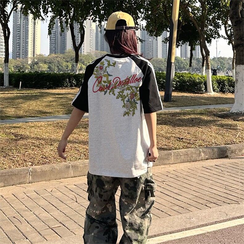 抖音得物品质二开240克宽松纯棉美式潮牌插肩三杠织带短袖T恤，男装T恤，电商A486