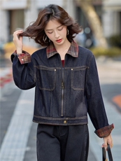 2025秋季新款现货港风复古拼接领设计潮流个性百搭时尚牛仔外套，女装牛仔外套，慕依路